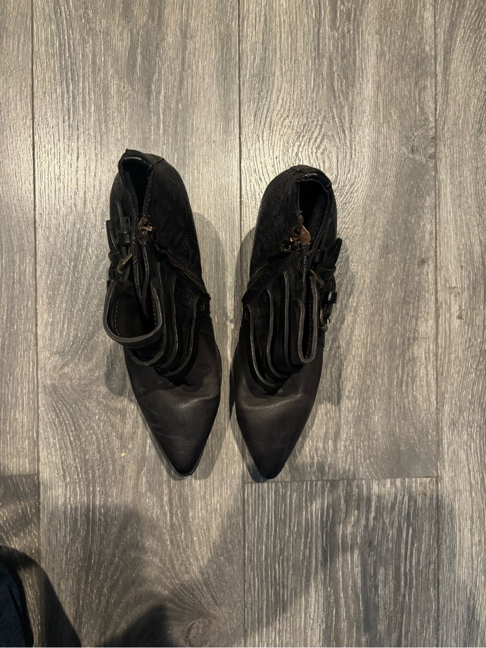 A.S.98 Black Pointed Toe Ankle Booties with Buckle Straps